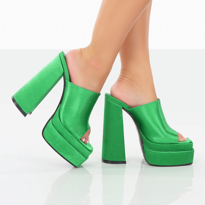 Hollow Chunky Satin High Heel Fish Mouth Women's Shoes