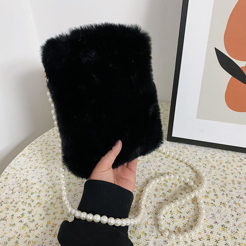 Women's Fashion Plush Pearl Chain Shoulder Messenger Bag