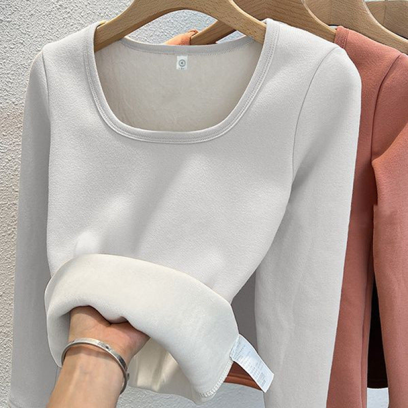 Fleece-lined Square Collar Bottoming Shirt Women's Keep Warm Pure Color Slim Fit