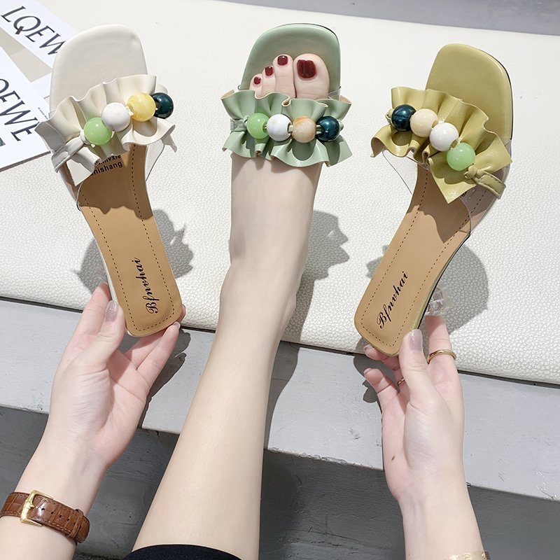 Ruffled Beaded Flip Flops Female Popular Fairy Style Thick With Female Sandals