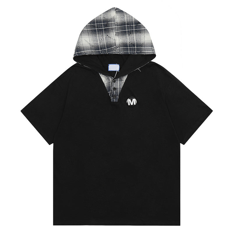 American Style Retro Patchwork Plaid Hooded Short Sleeve