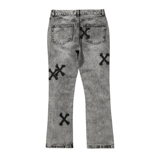 High Street Cross Bone Patch Skin Washed Gray Slim-fit Jeans