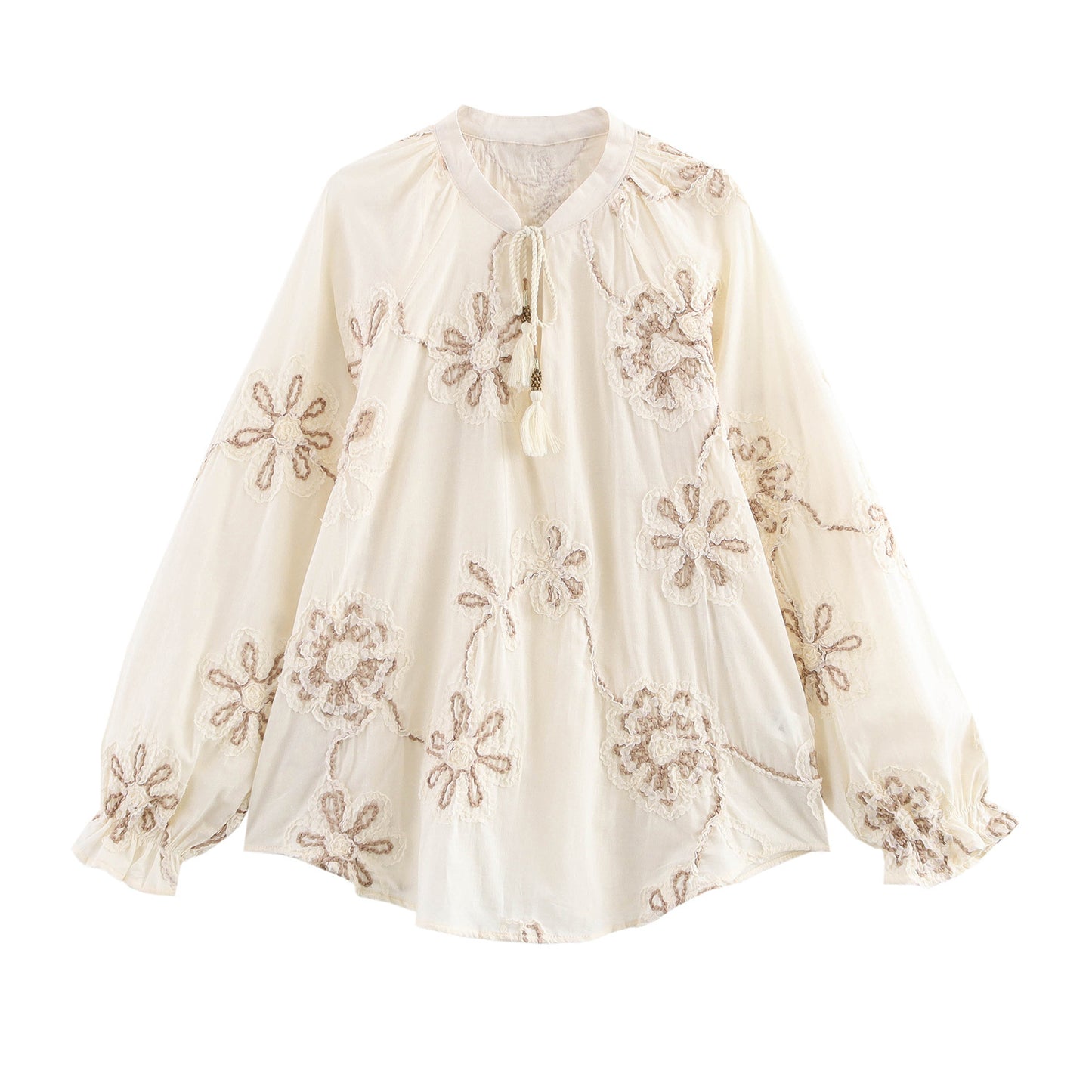 Women's Floral-embroidered V-neck Long-sleeve Top