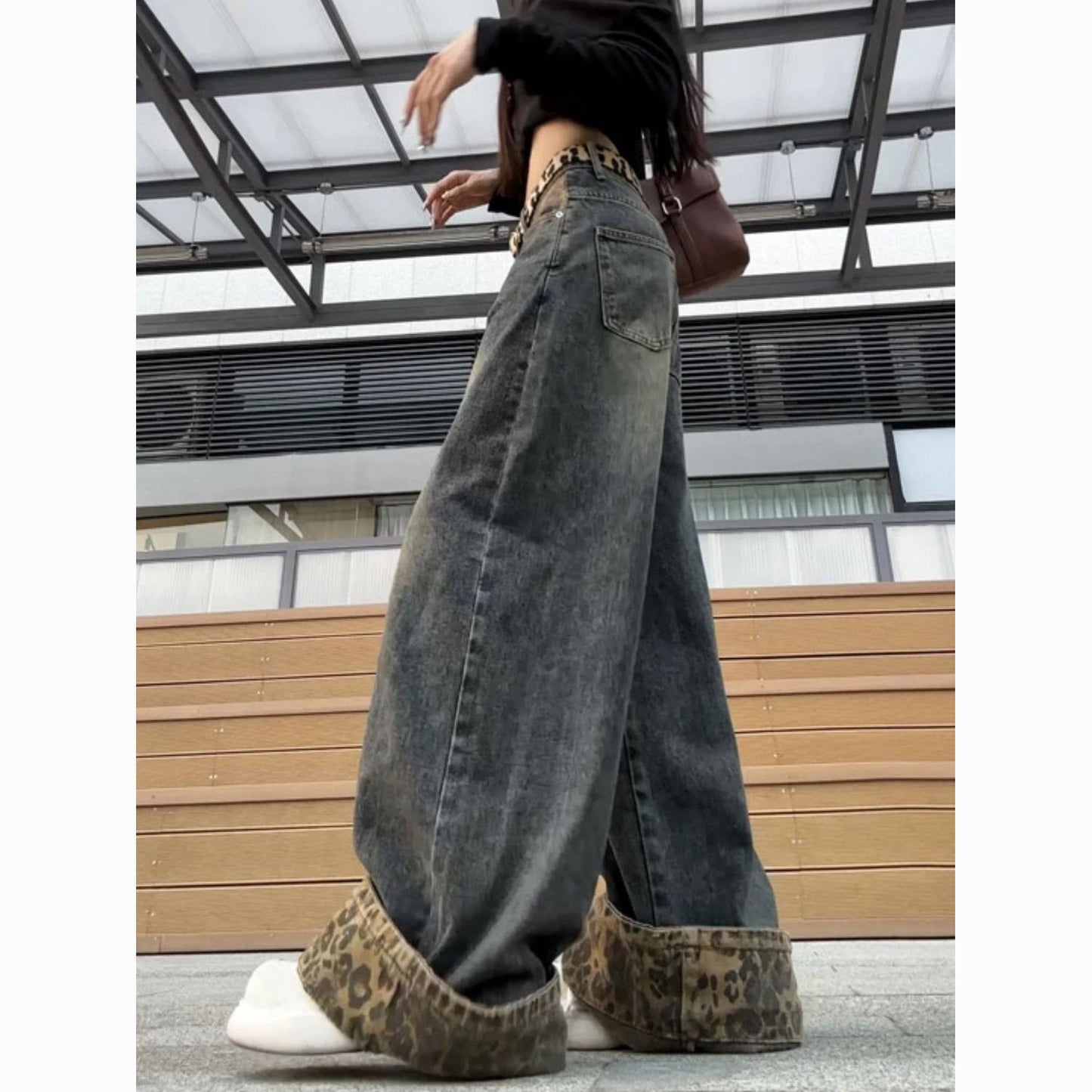 Women's Retro Patchwork Leopard-print Curling Jeans