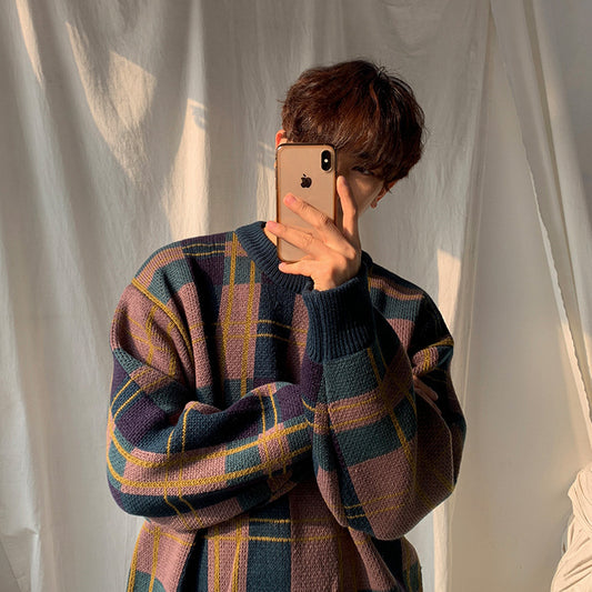 Men's Winter Thick Sweater Color Matching Plaid