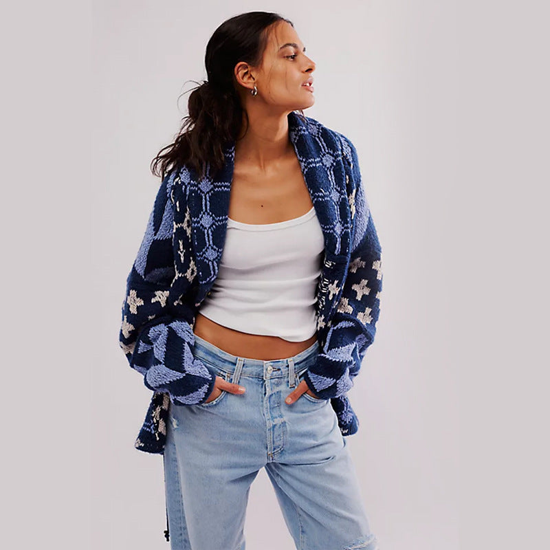 Abstract Print Turn-Neck Loose-Fit Long-Sleeve Knitted Sweater For Women