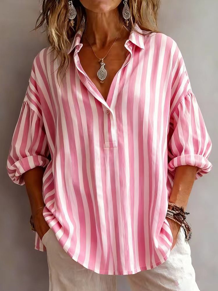 Womens Loose-fitting Striped Long-sleeve Pullover Shirt