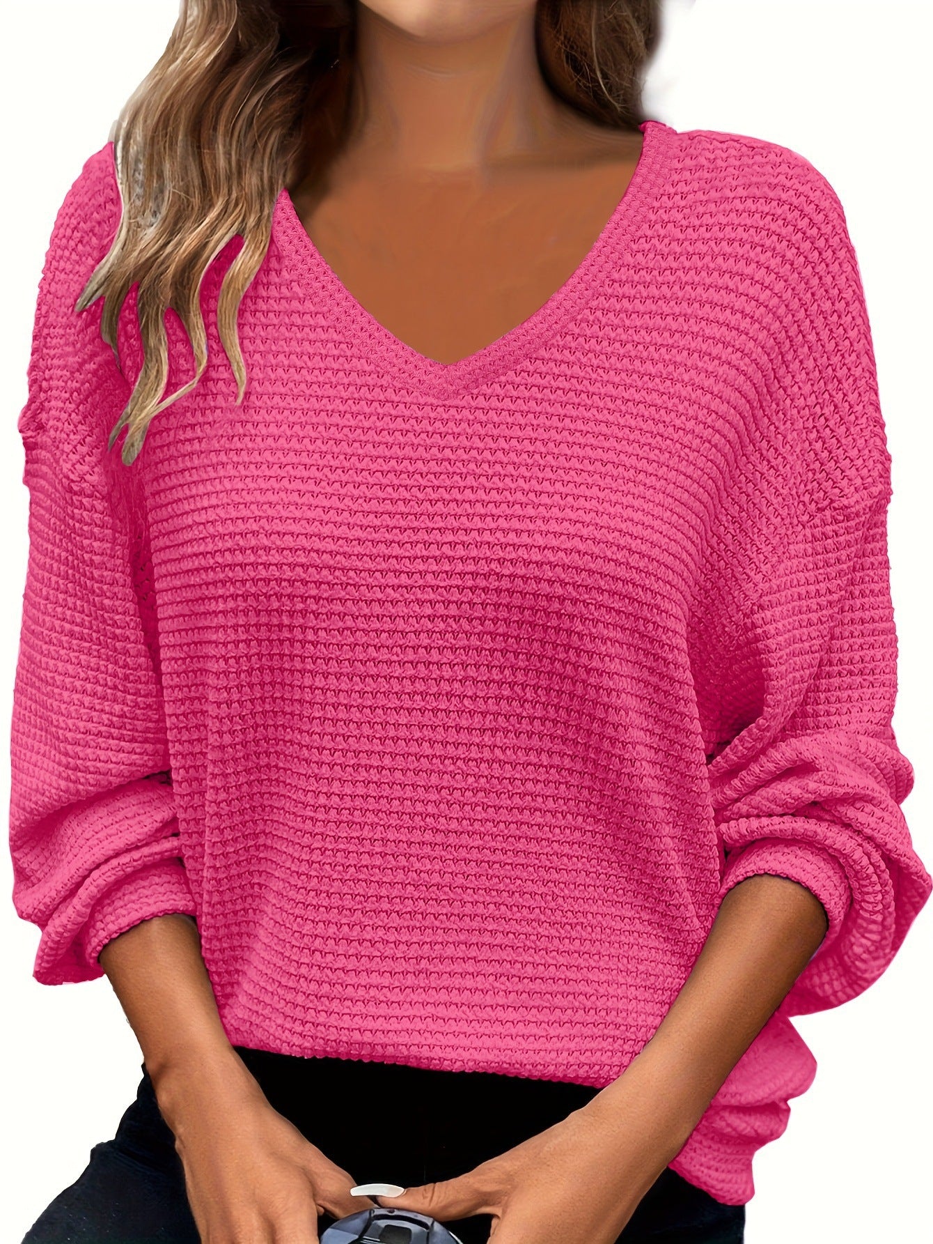 Solid-color V-neck Pineapple-pattern Pullover Casual T-shirt