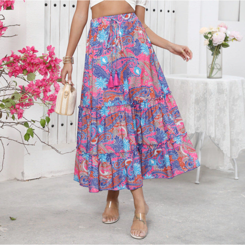 Bohemian Resort Style Beach Wide Printed Skirt