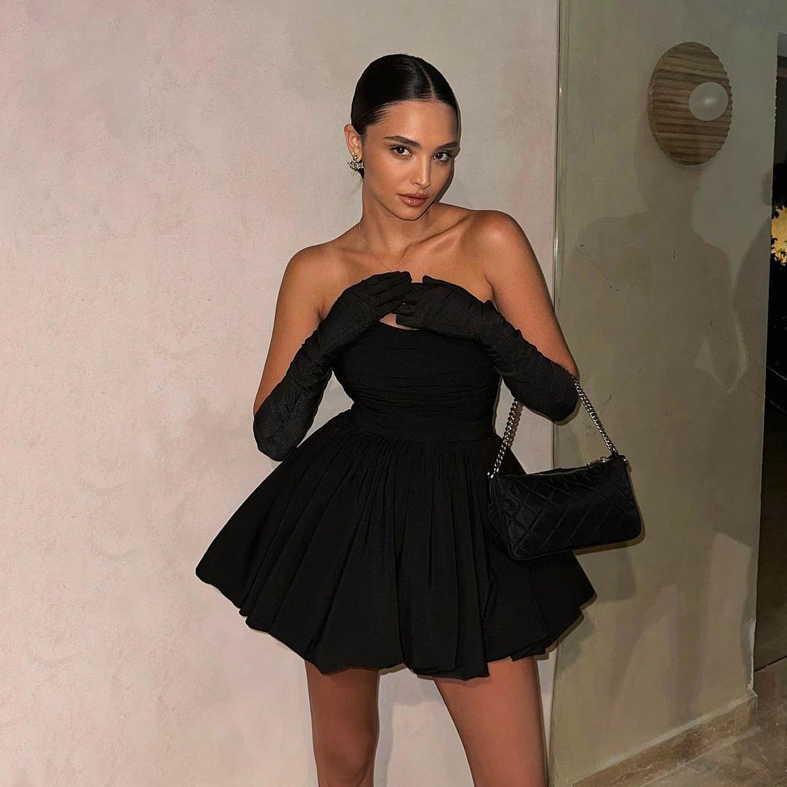 Tube Top Short Skirt Hepburn-style Pleated Little Black A-line Dress