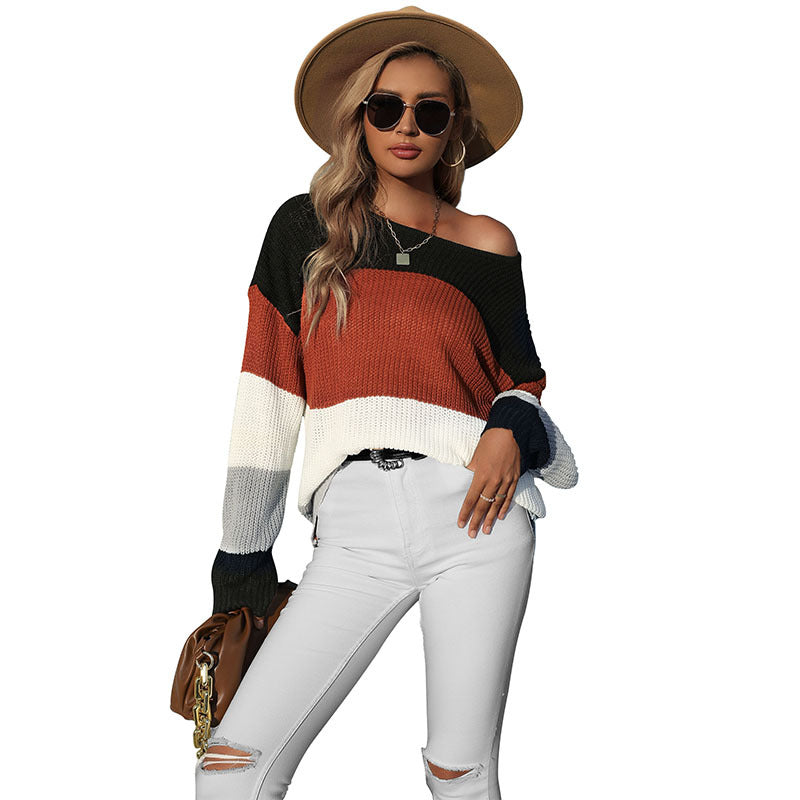 Fashion Casual Women's Long Sleeve Mid-length Color-block Sweater