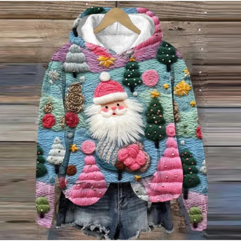 Print Christmas Holiday Casual Hooded Sweater