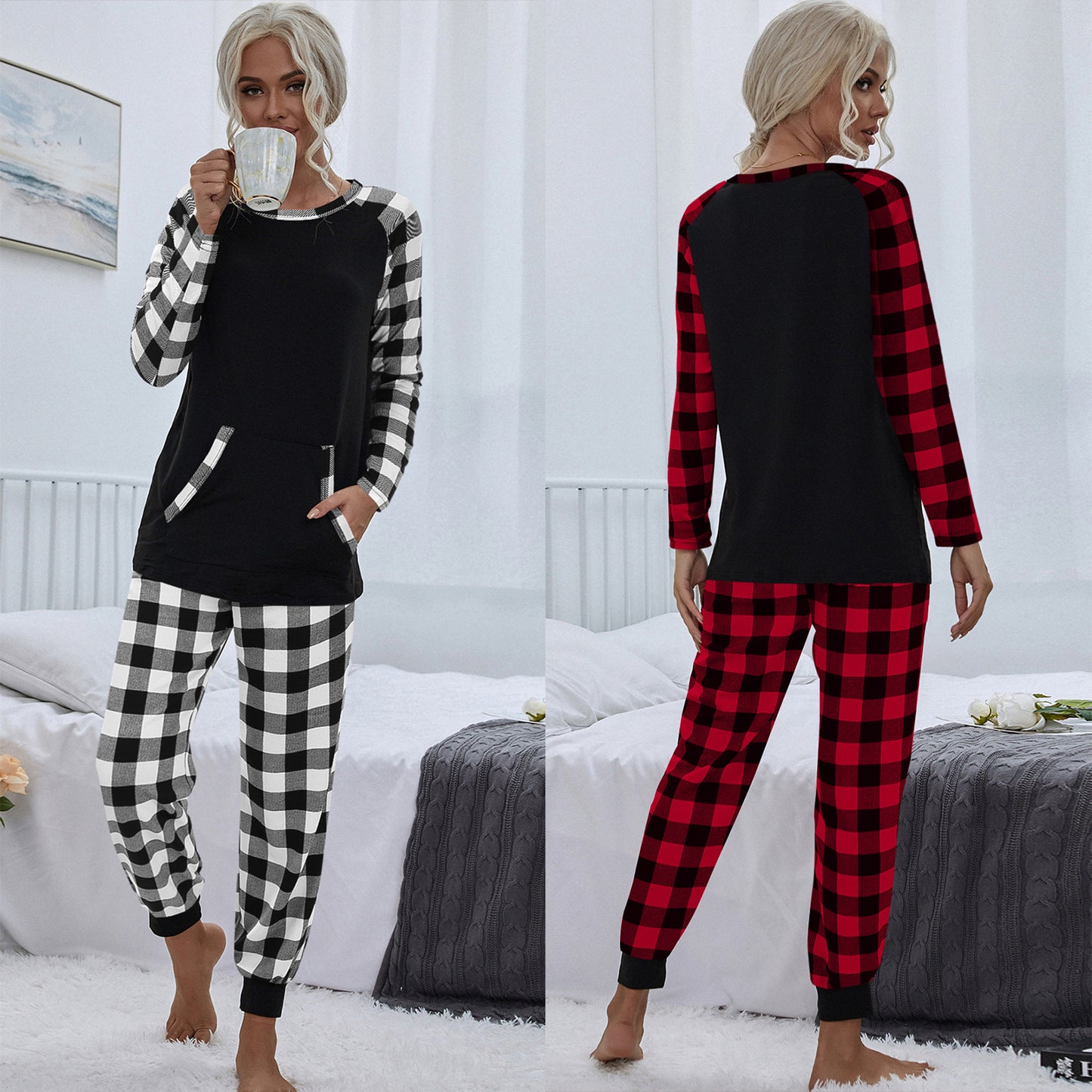 European And American Christmas Festival Women's Fashion Plaid Homewear Casual Loose Outfit