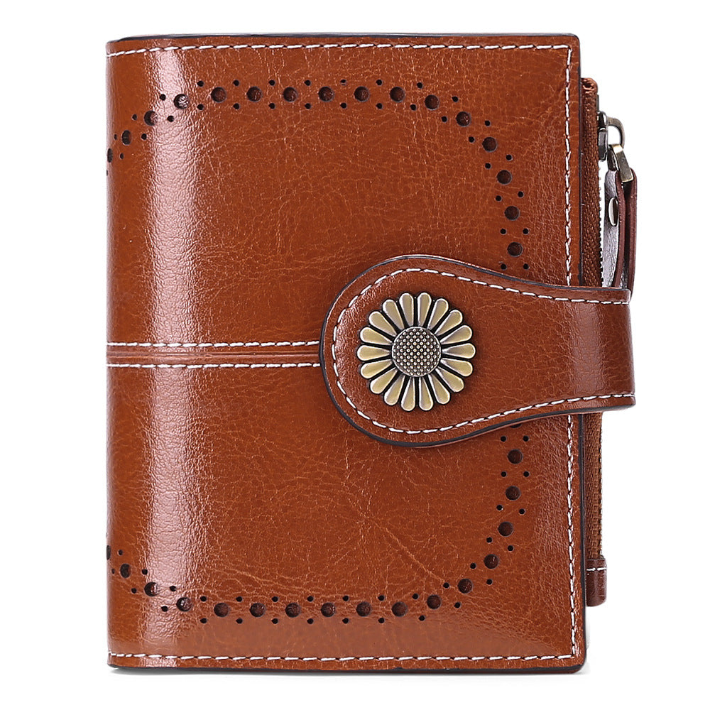 Wallet Women's Short Oil Wax Leather Zipper Card Holder