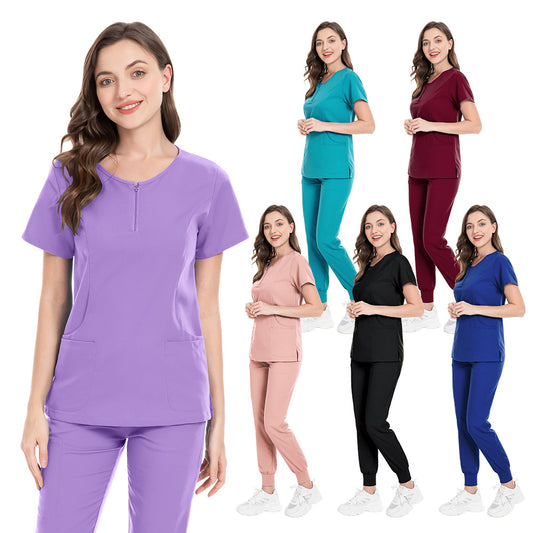 Zip-front Half-zip Collar Scrub Cream Set With Long Pants