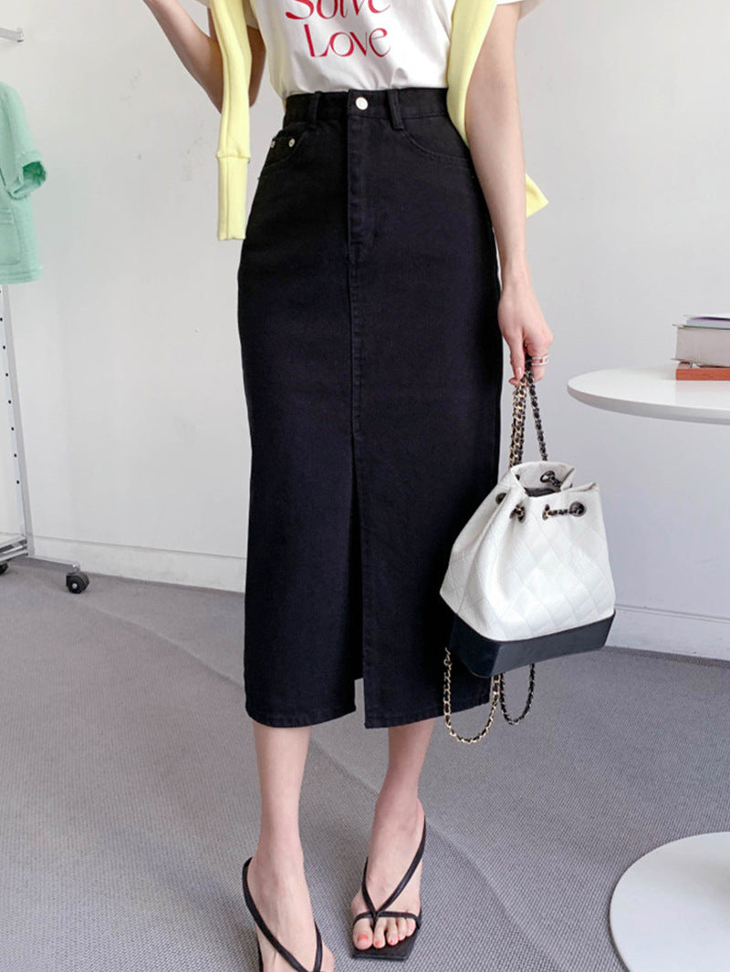 Niche Retro High Waist Slimming Design Slit Slim-fitting Sheath Denim Skirt