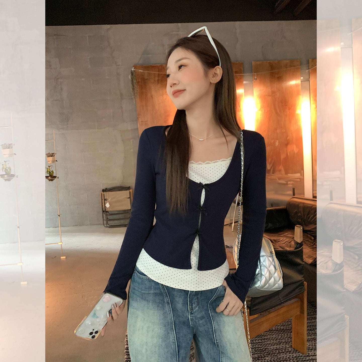 False Two-piece Patchwork Bow Long Sleeve T-shirt Women's Slim Top