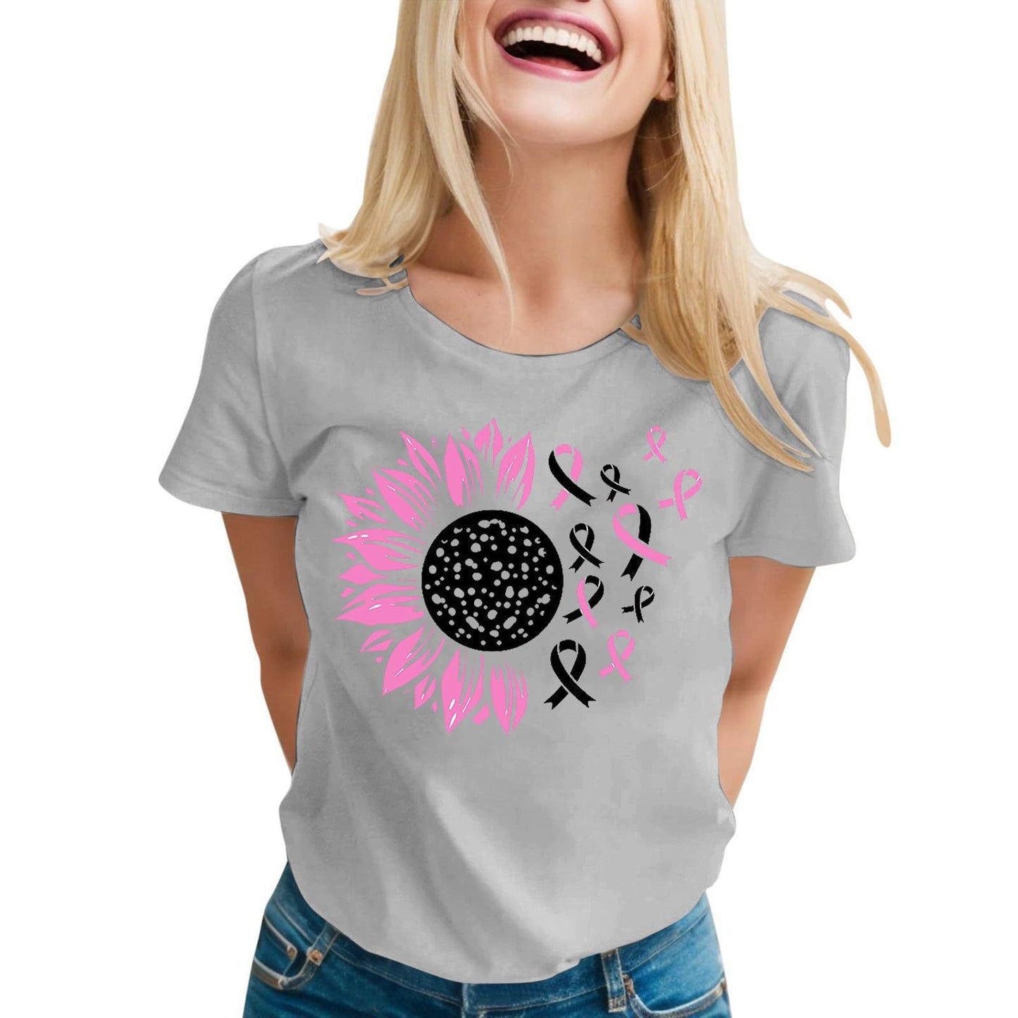 Women's Ribbon Printing Short Sleeve T-shirt Top