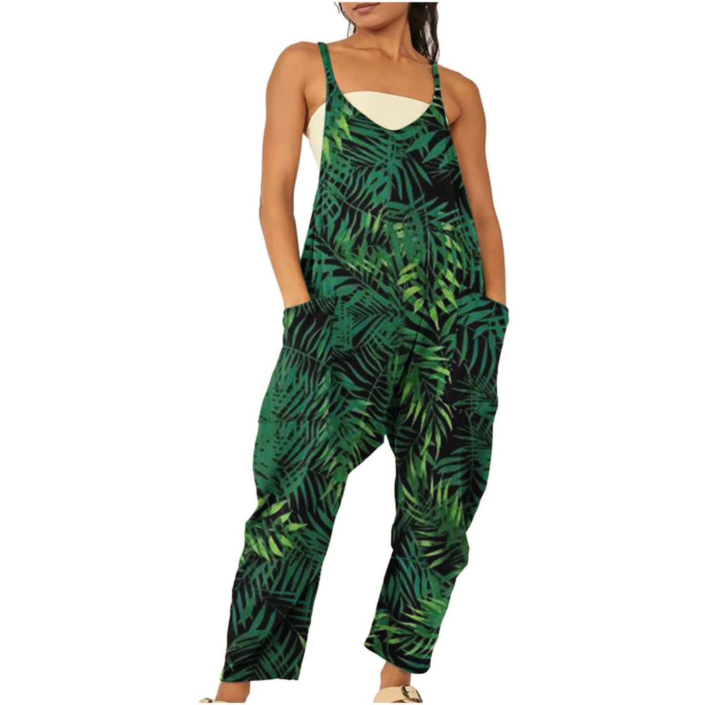 Womens Printed Zippered Patch-Pocket Jumpsuit With Straps