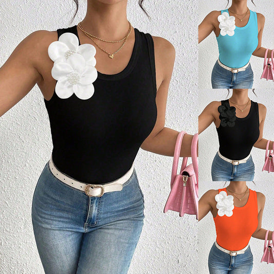 Womens Sleeveless 3D Floral-Decorated Solid-Color Tank Top