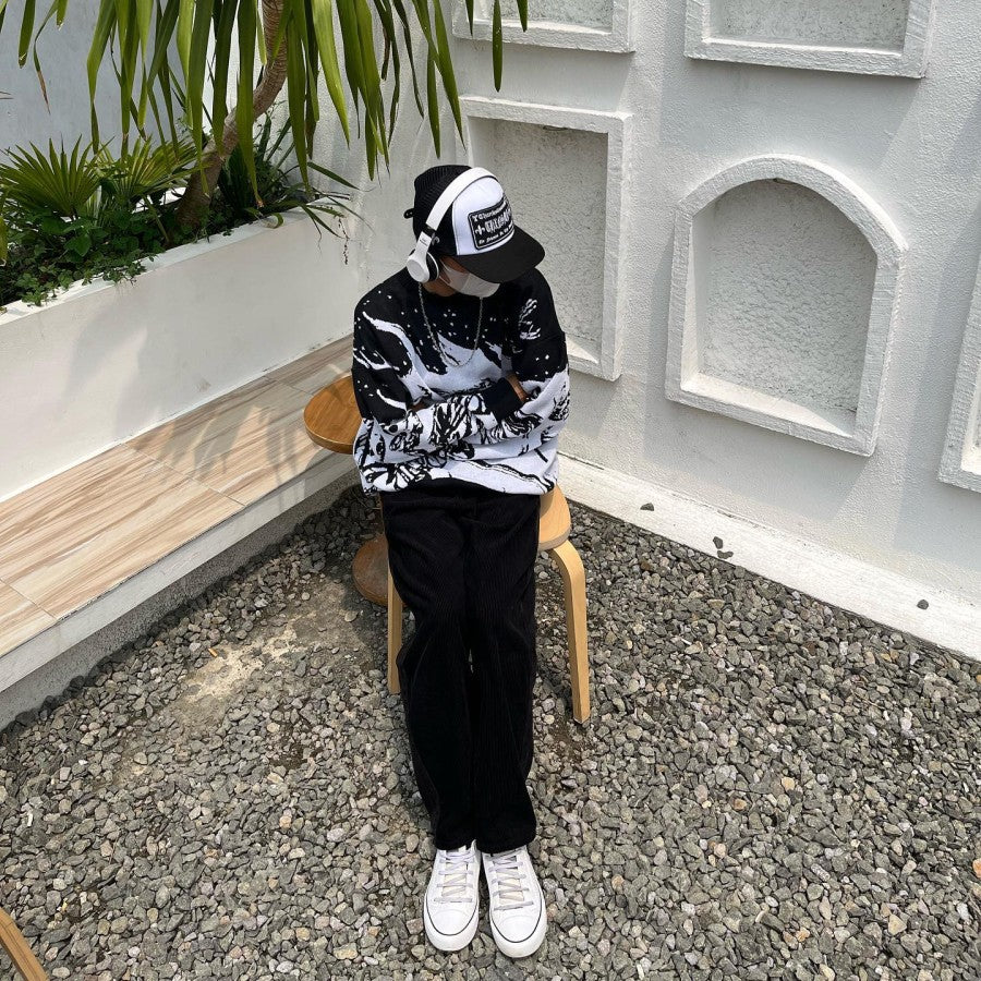 Jacquard Rund Hals Efterårs- og Vinter Flamme Dødningehoved Sweater Teenagere Løstsiddende Overtøj Top