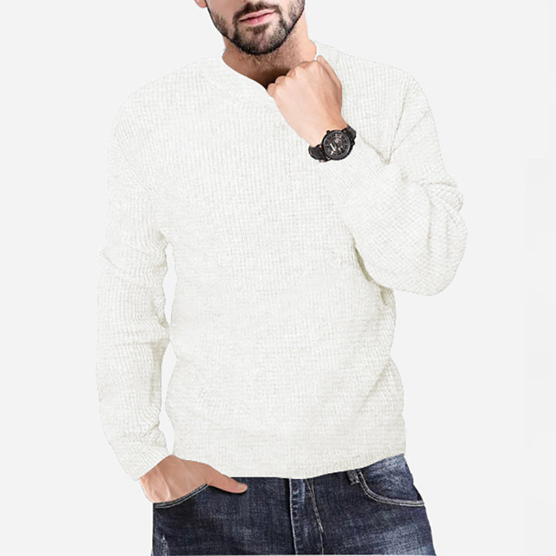 New Men's Knitting Round Neck Pullover Waffle Solid Casual