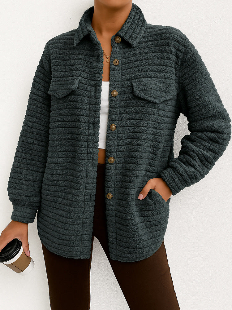 Casual Loose Fashion Striped Long Sleeves Cardigan Lapel Plush Coat