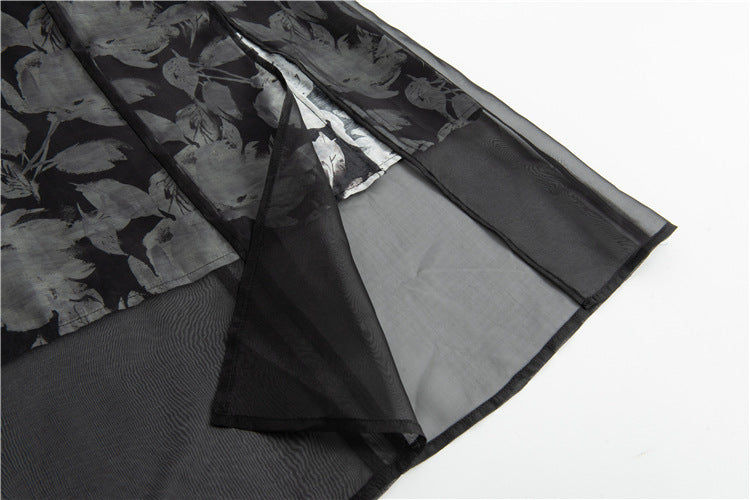 Spring And Summer New Retro High Waist Mesh Floral Print Split Skirt For Women