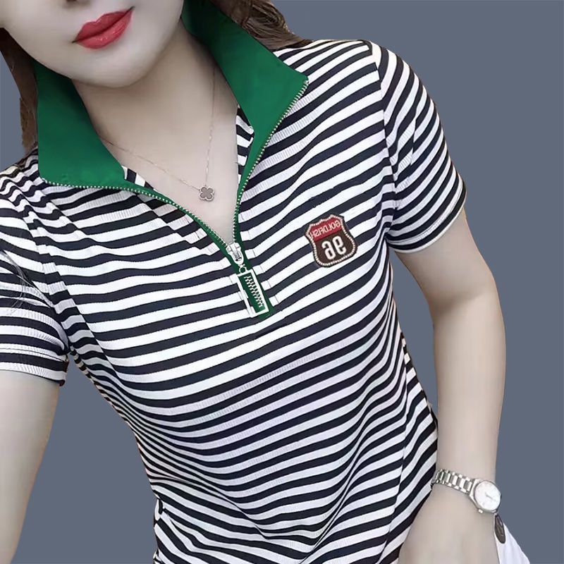 Letter Embroidery Stand-up Collar Short-sleeved T-shirt Shoulder