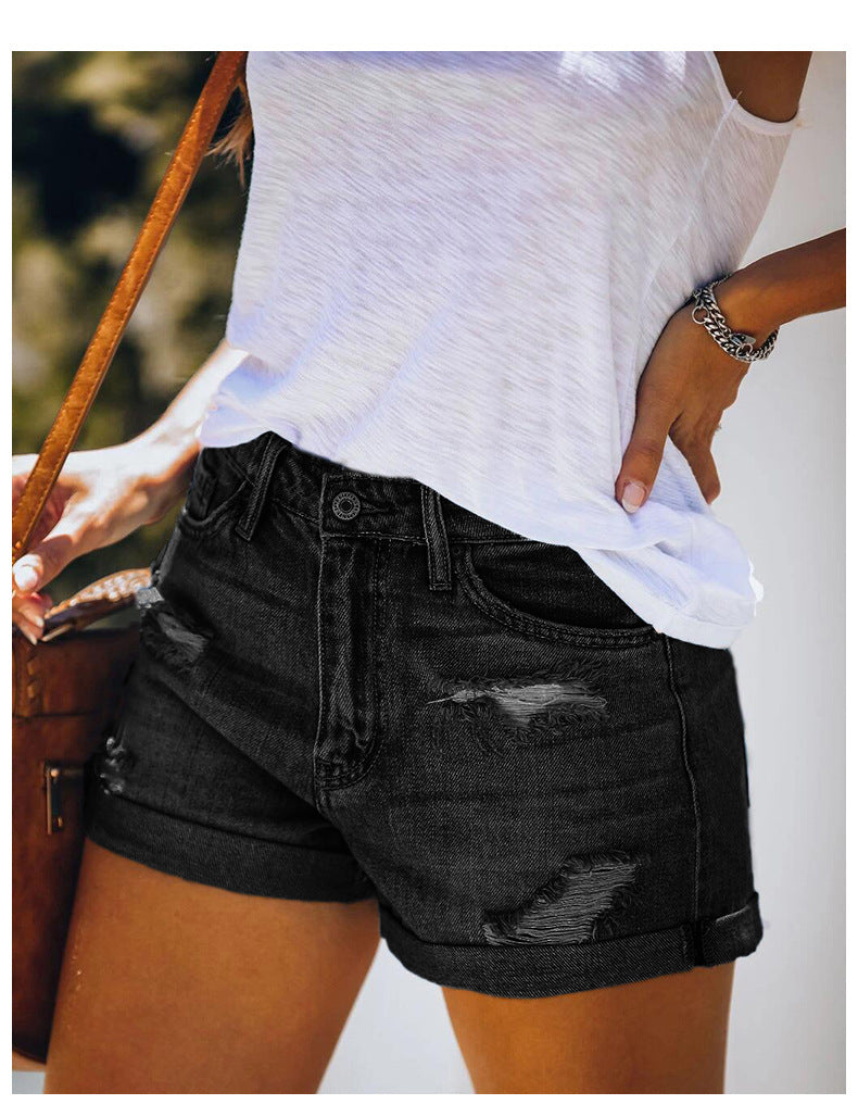Women's Fashion Stretch Mid Waist Denim Ripped Shorts