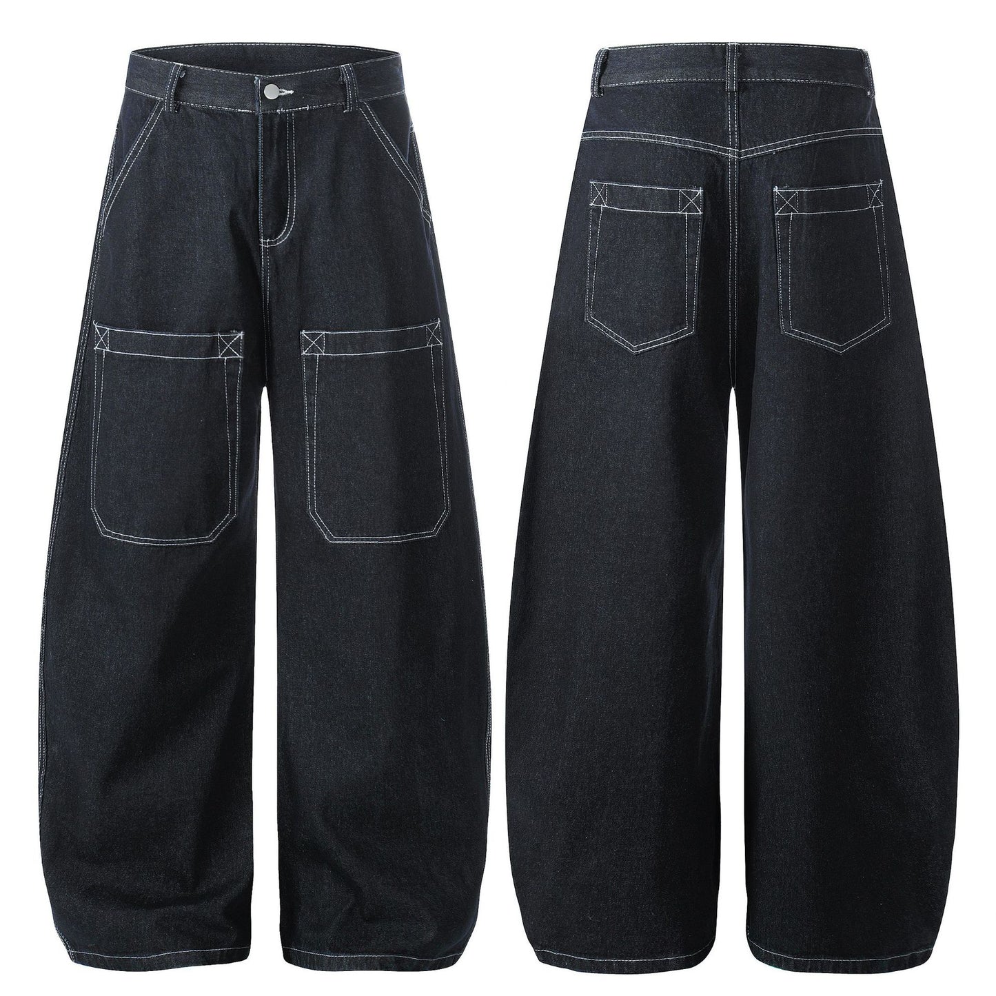 Womens Denim Wide-Leg Pants With Exposed Stitching On The Tool Pockets