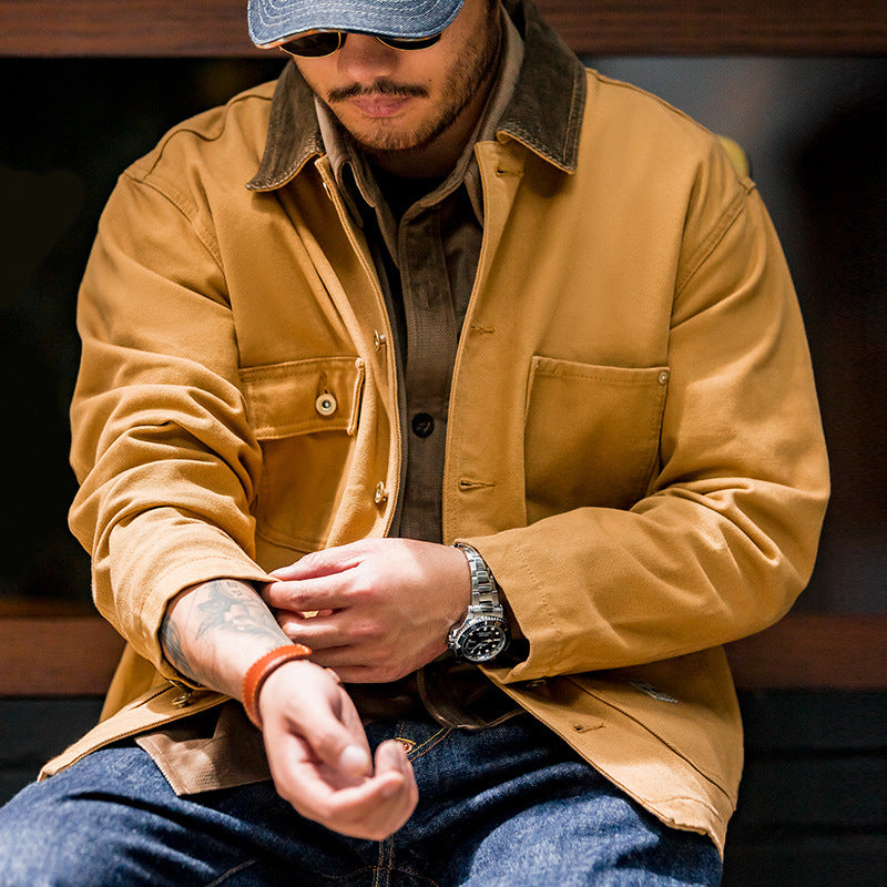 Retro Heavy Canvas Workwear Jacket Lapel Multi-pocket Jacket
