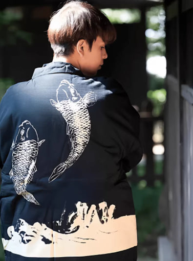 Gentle Breeze Half-Wrapped Pure Cotton Home Wear With Koi Print Quilted For Warmth