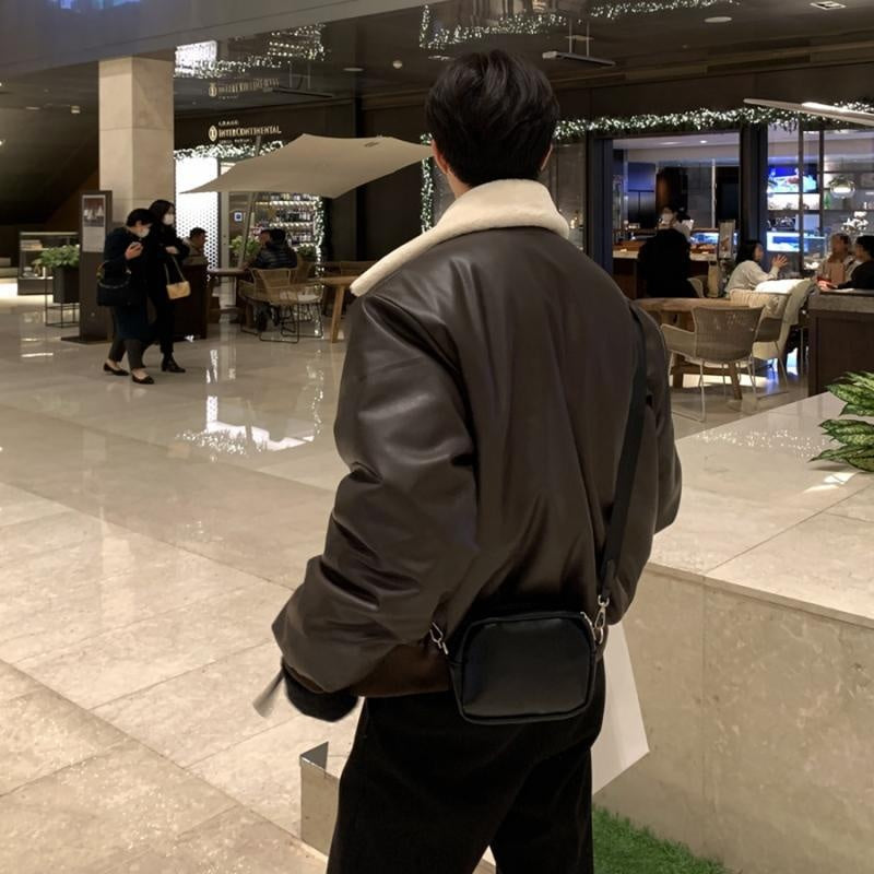 Mens Thick Trendy Lambswool Edgy Leather Jacket