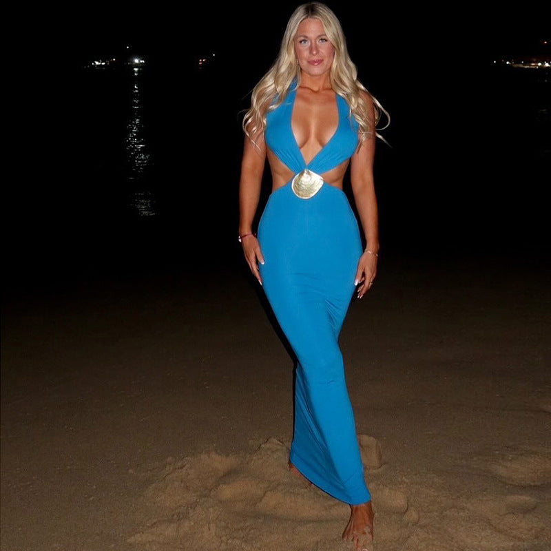 New Solid-color Chic Street-style Deep-V Halter Backless Bodycon Dress