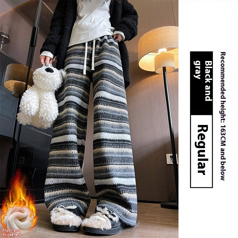 Woolen Striped Women's Wide-leg Pants Fallwinter Comfortable Retro