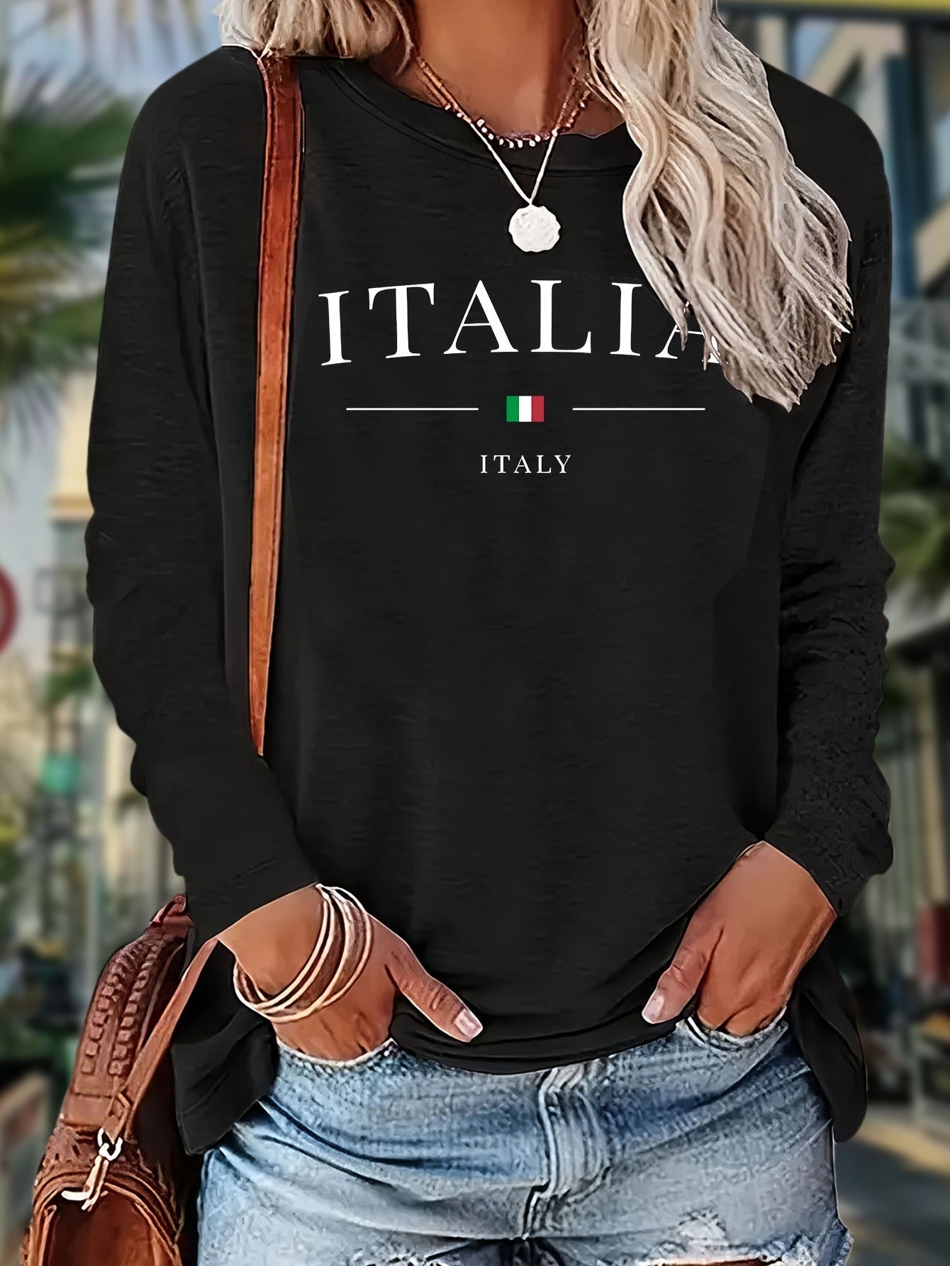 Trykt rundhals langærmet afslappet sweatshirt i plus size