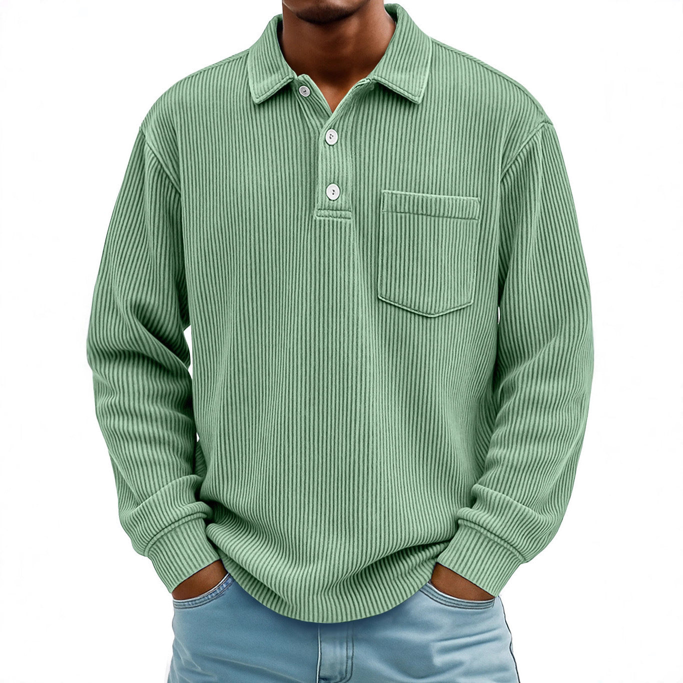 Mens Long-sleeve Polo Shirt Casual Corduroy-striped Top