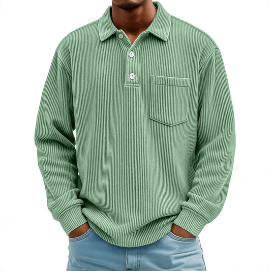Mens Long-sleeve Polo Shirt Casual Corduroy-striped Top