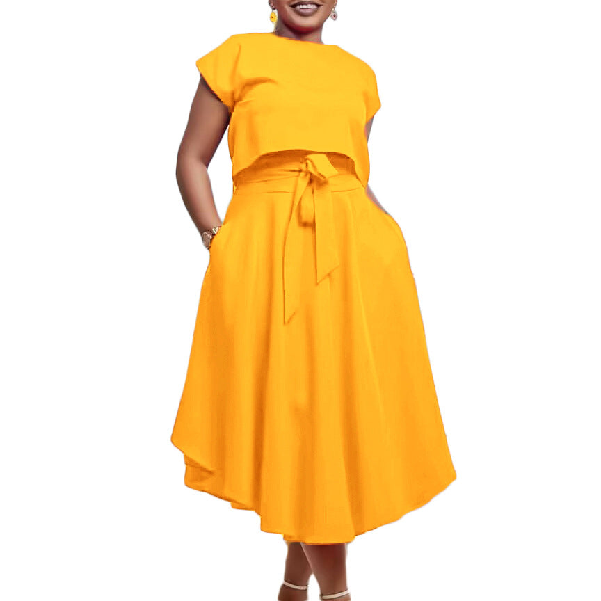Solid Color Top Big Hem Skirt Two-piece Set