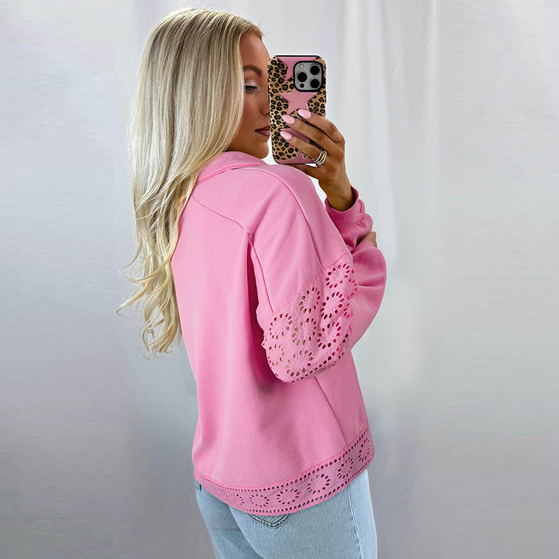 Ensfarvet Pullover Revers Langærmet Sweater Damemode Europæisk og Amerikansk