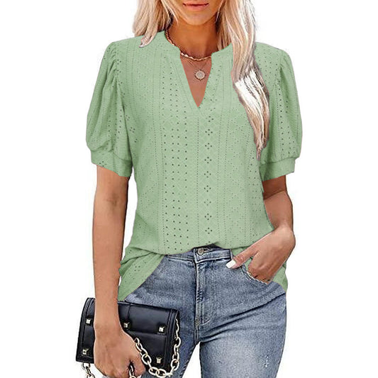 Casual V-neck Solid Color Hollow Puff Sleeve Loose T-shirt