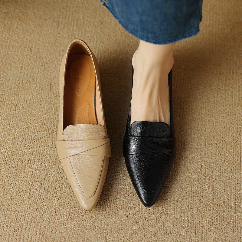 Full-grain Sheepskin Pointed-toe Chunky Heel Shoes Women's Spring New