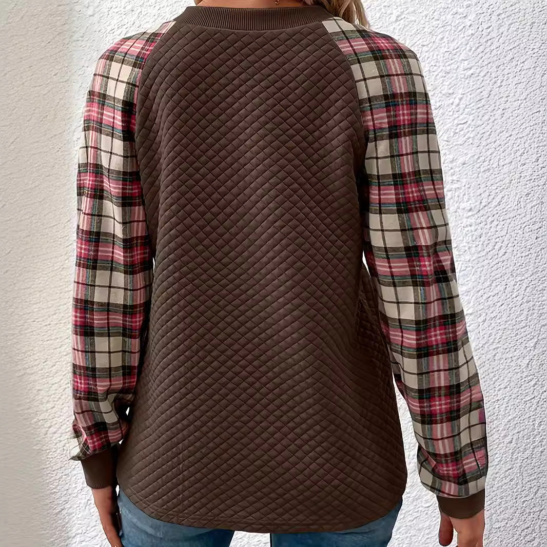 Diamond Plaid Stitching Long Sleeve Crew Neck Sweater