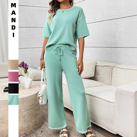 Womens Casual Ice Silk Sweater Short Sleeve Leisure Set