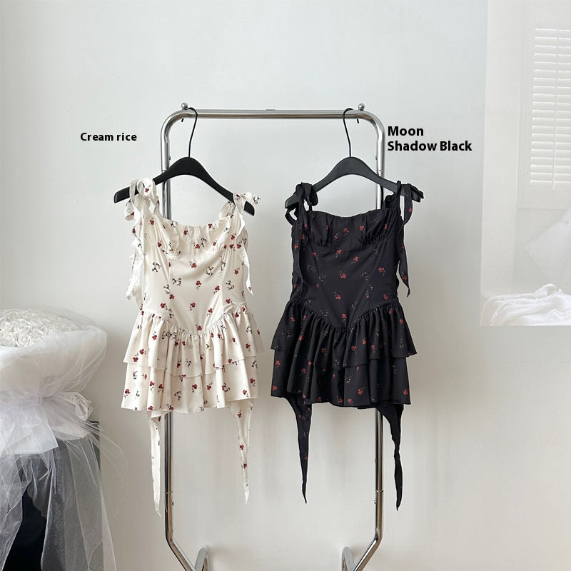 Women's French-style Floral Tea Break Waist Square Collar Suspender Skirt