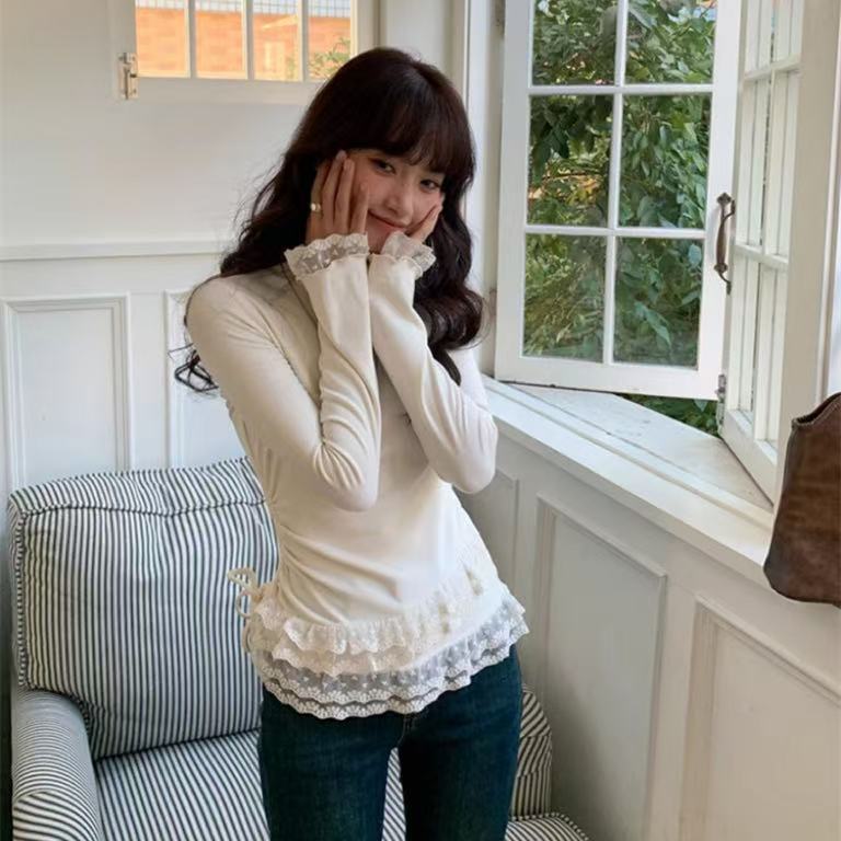 Fashion Slim Fit Lace Trim Long Sleeve T-Shirt Women