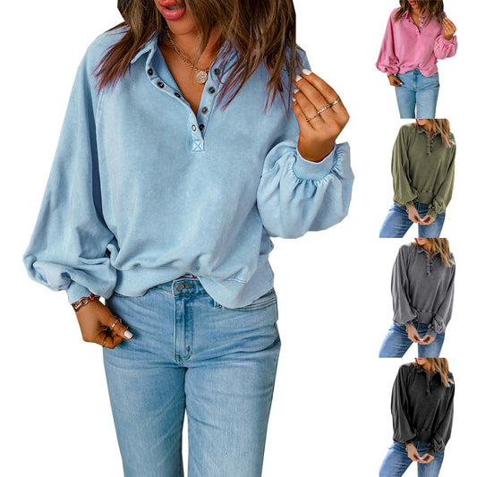 Long-sleeve Blue-dyed V-neck Pullover Sweatshirt