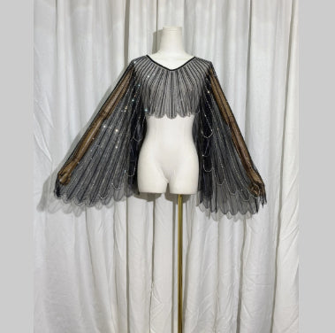 Womens Beaded Diamond-studded Shawl Cape With Wing-like Design An Outerwear Top