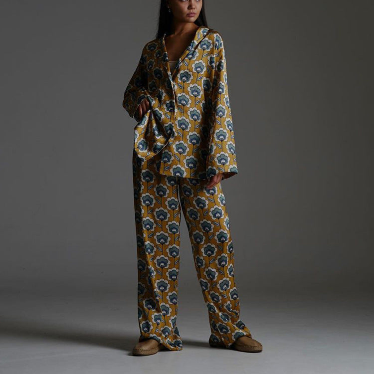 Womens Floral V-Neck Loose Long-Sleeve Jumpsuit With Elastic Pants